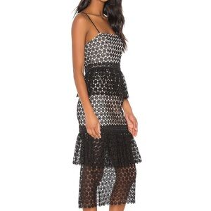 NBD Dolores Tiered Ruffle Crochet Lace Floral Midi Dress in Black Sz S